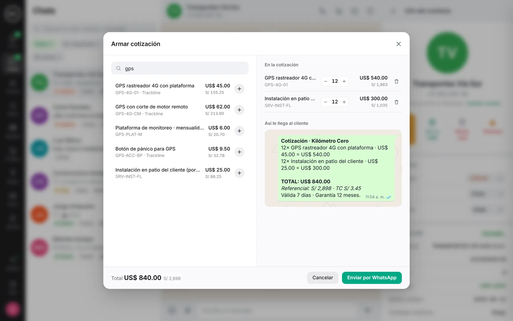 Cotizador del sistema: búsqueda de productos, carrito y vista previa del mensaje de WhatsApp