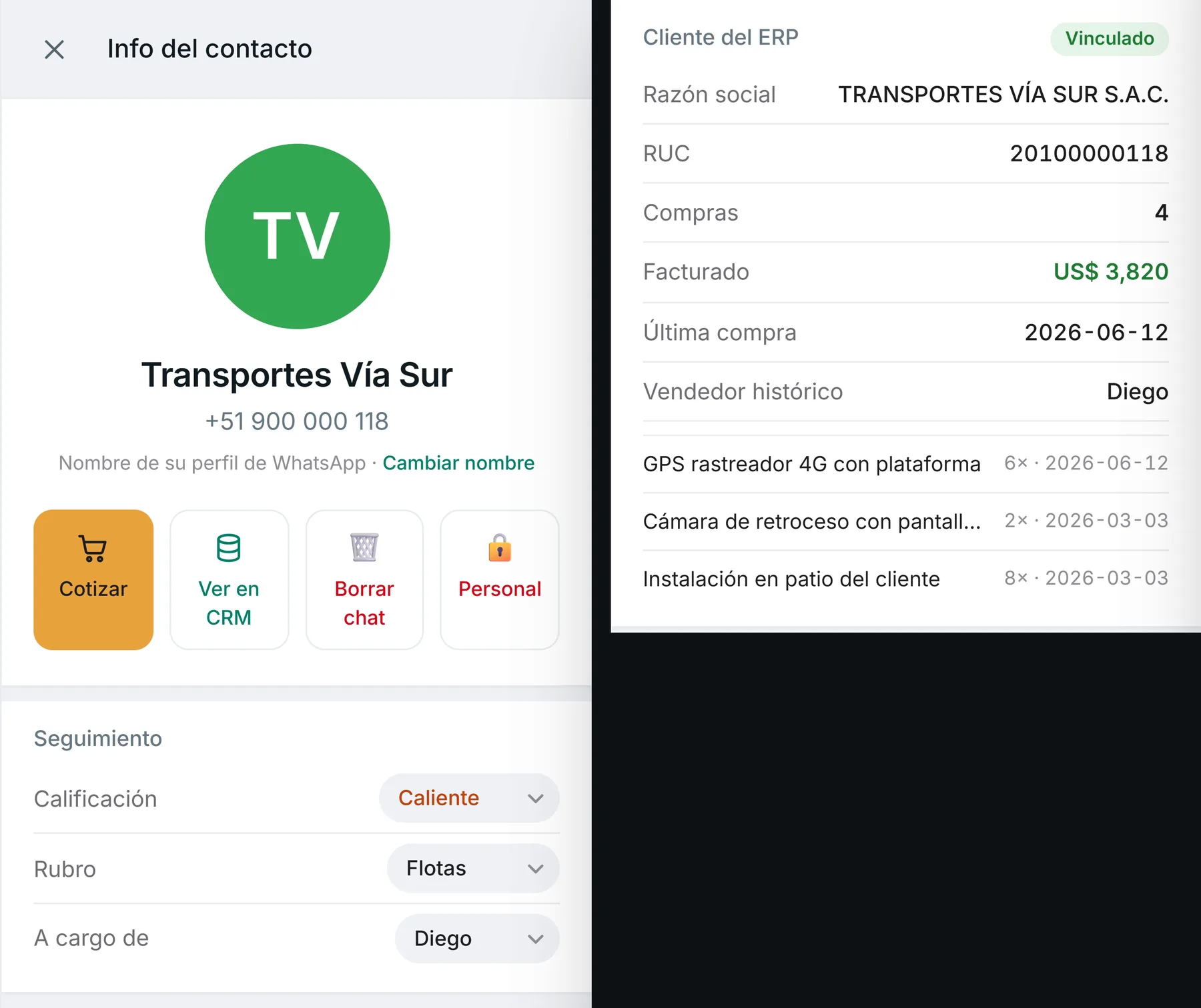 Ficha 360 del cliente: perfil, calificación, vendedor a cargo e historial de compras del ERP
